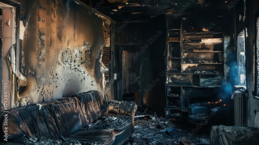 A burned living room with charred walls and furniture. The couch is damaged, and debris is scattered across the floor. Shelves are blackened and empty.