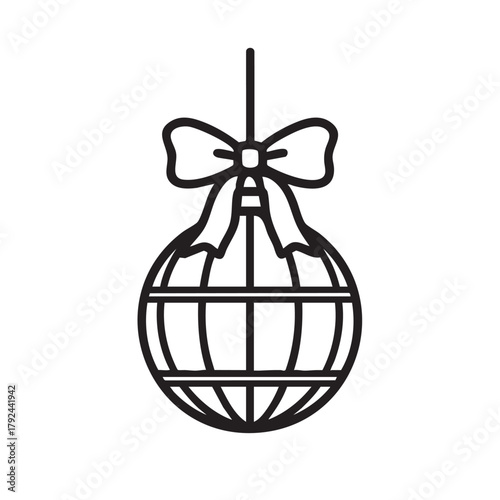 Line icon of a caged sphere ornament topped with a bow.