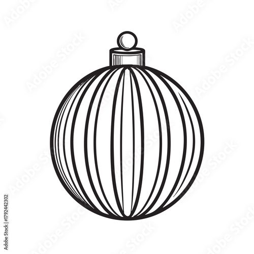 Black and white sketch of a round ribbed Christmas ornament.