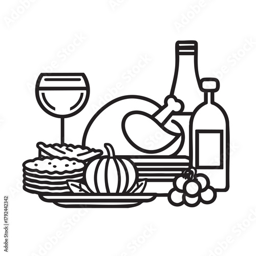 Line icon of a holiday dinner feast with turkey and wine.