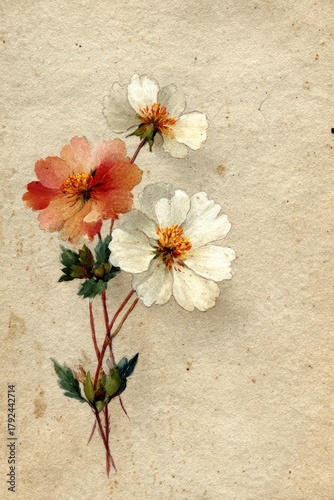 Vintage watercolor floral illustration on textured paper – hand-painted white and peach blossom stem, delicate botanical art print with soft natural colors