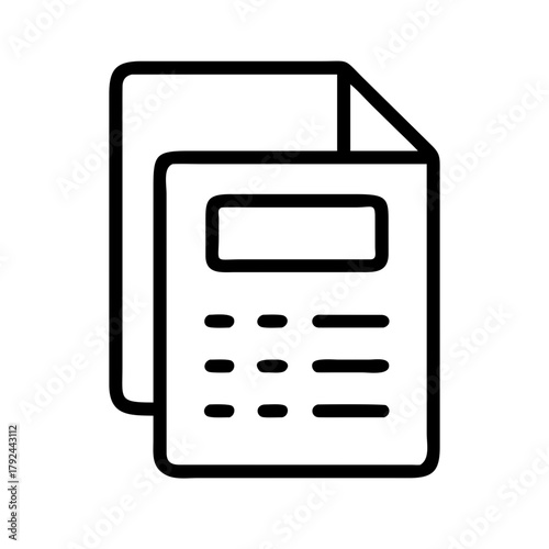 Outline icon of two documents with text boxes and lines representing data and information on paper