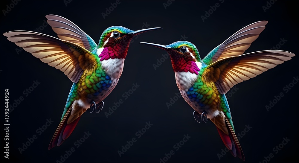 Fototapeta premium Vibrant hummingbirds in flight present stunning tropical colors with wings spread on dark background