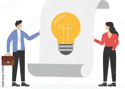 Lightbulb idea concept vector illustration. Cartoon flat tiny man woman characters hold lamp light bulb,
