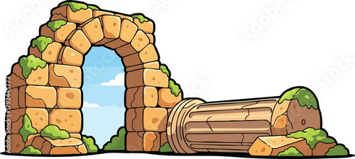 Ancient stone archway ruin with fallen column and blue sky background