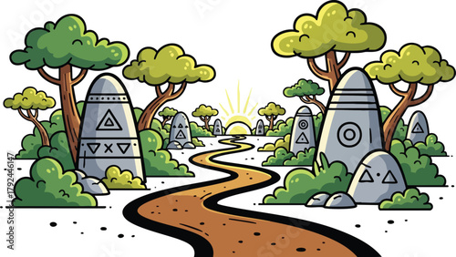 Ancient stone path leads to sunrise through forest with mystical symbols carved on stones