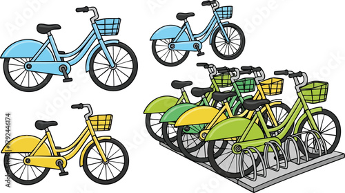 Collection of Blue Yellow and Green City Bikes at a Bike Rack Outdoor Sunny Day