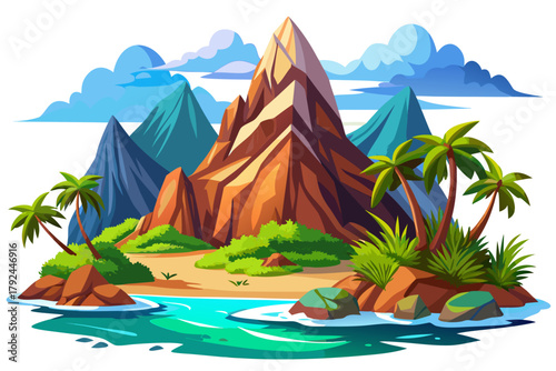 illustration, cartoon tropical beach landscape with palm trees, turquoise sea and golden sand, isolated on pure white background, completely white sky