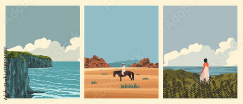 A collection of postcards, posters, people and nature