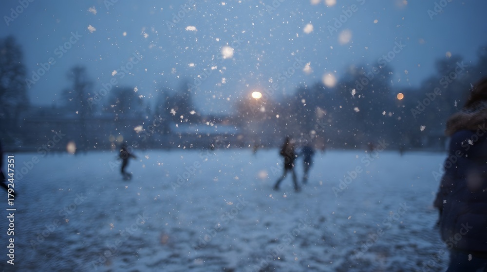 Obraz premium Children playing in a winter twilight as snow falls illuminated by soft ambient light