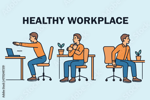 Office workers demonstrating healthy posture and stretching exercises at their desks