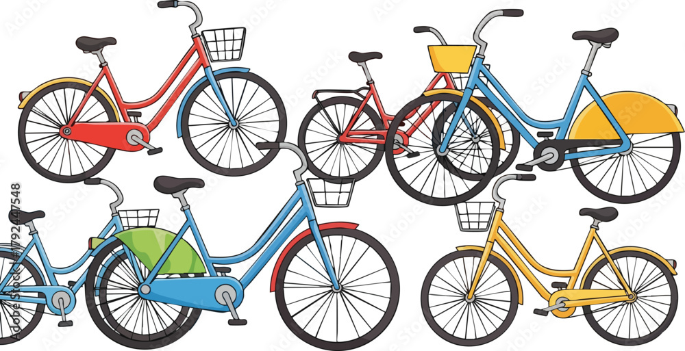 Fototapeta premium Collection Of Colorful Bicycles With Baskets And Different Colored Frames In A Group Composition