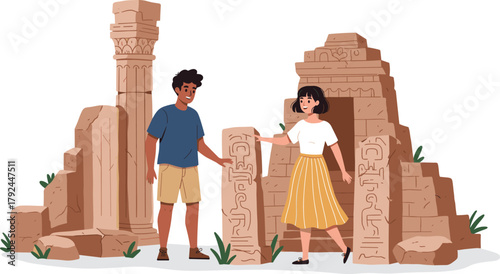 Ancient ruins exploration, cartoon illustration, stone carvings, historical site, cultural heritage, archaeology theme, outdoor scene, pillar symbols, nature, discovery moment