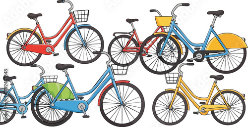 Collection Of Colorful Bicycles With Baskets And Different Colored Frames In A Group Composition