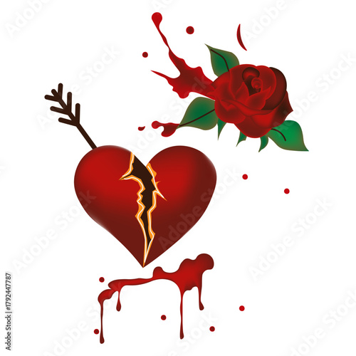 A broken heart with an arrow and drops of blood, a red rose. A symbol of betrayal, pain, separation, lost love, a broken heart, or an unrequited romance. Vector illustration