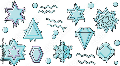 Collection of Blue Ice Crystal Shapes and Geometric Forms on White Background