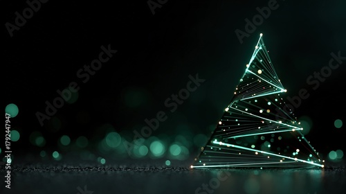 A minimalist modern Christmas tree concept image, composed of two glowing green geometric lines, elegantly arranged on a dark background, creating a festive yet modern atmosphere with soft bokeh.