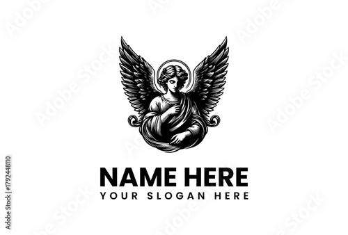 Black and white vector logo illustration of an angelic figure with wings, suitable for various creative branding needs