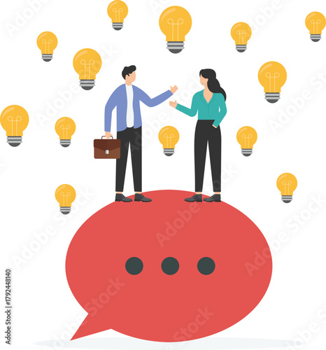 Businessman and businesswoman with many confused question marks.
