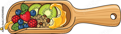 Pixel art depiction of a wooden scoop filled with granola berries kiwi slices and dripping honey