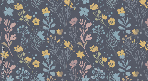 A seamless pattern of watercolor-style flowers and foliage. The flowers are various shades of pink and peach, with a soft, slightly muted color palette. The flowers have a rounded, full blossom shape.