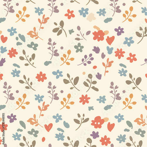 A seamless pattern of watercolor-style flowers and foliage. The flowers are various shades of pink and peach, with a soft, slightly muted color palette. The flowers have a rounded, full blossom shape.