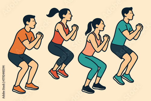 Diverse group of people performing squats together in a fitness class