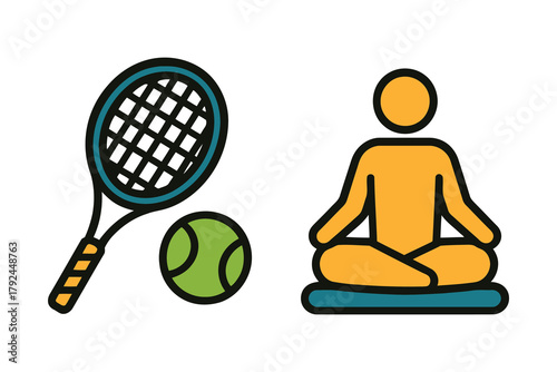 Tennis racket and ball next to a person meditating on a mat