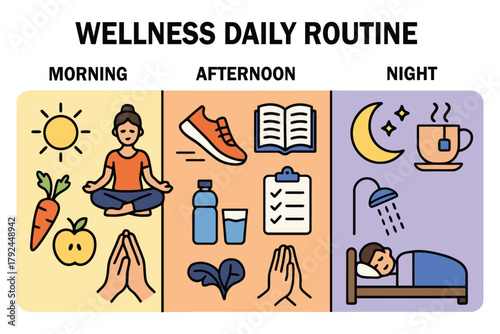 Wellness daily routine morning afternoon night healthy lifestyle activities