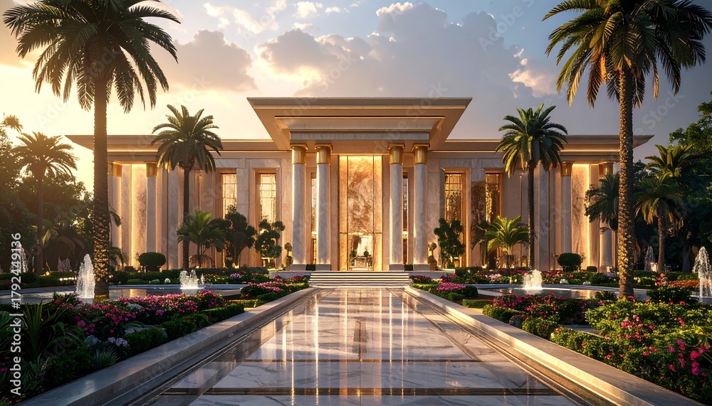 A grand and luxurious architectural masterpiece, featuring elegant modern design with marble facades, golden details, large glass windows, and a wide entrance with majestic pillars