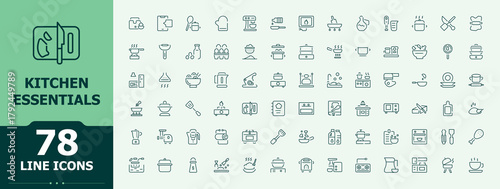 Kitchen Essentials line icon set. Thin icons set. Pixel perfect. Editable vector. Utensil icon. Related to tool, tools, equipment, kitchen, cooking, food, cook and more.