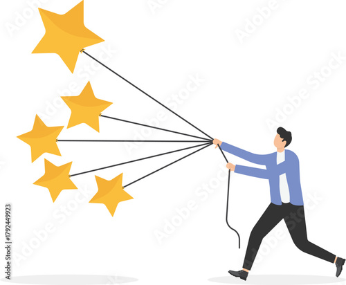 5 stars expert, excellence or great service, quality and good reputation professional, award winning or best rating concept, businessman superhero carrying big golden customer 5 stars rating feedback.