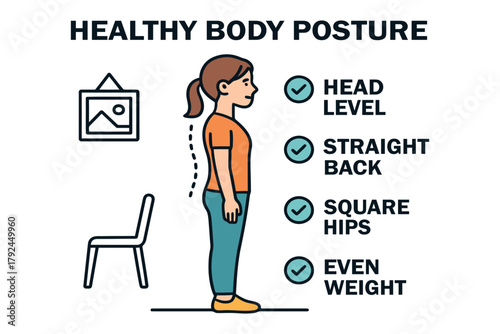Woman demonstrating healthy body posture with key alignment points illustrated