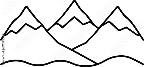 Minimalist Outline of Three Jagged Mountains with Rolling Hills Below