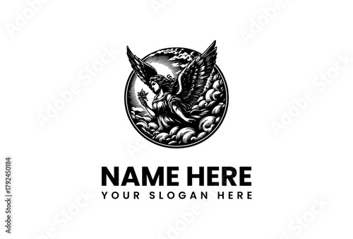 Mythological Angelic Figure Vector Logo Illustration - Majestic Wings and Cloud Emblem