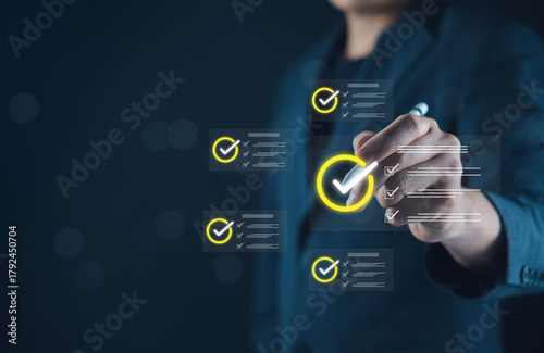 Check online reviews, customer feedback, and satisfaction rating with five stars, showing digital marketing and customer experience strategy Hand checking off items on a digital list with glowing