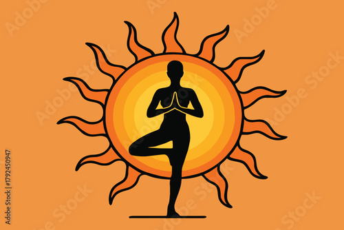 Silhouette of a person in tree pose yoga against a vibrant sun illustration