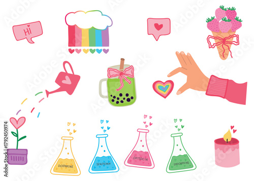Self care aesthetic with happy hormones bottles, heart, boba tea, rainbow, flower, candle – wellness and happiness vector stickers set
