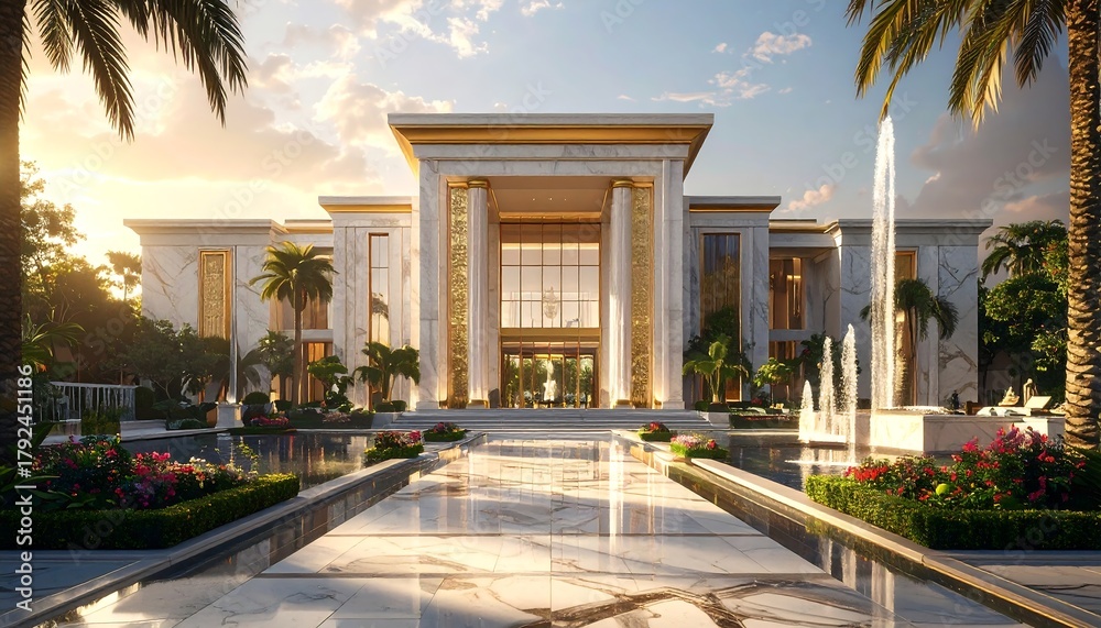 A grand and luxurious architectural masterpiece, featuring elegant modern design with marble facades, golden details, large glass windows, and a wide entrance with majestic pillars