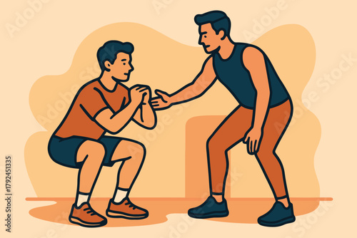 Personal trainer guiding a man through a proper squat exercise form
