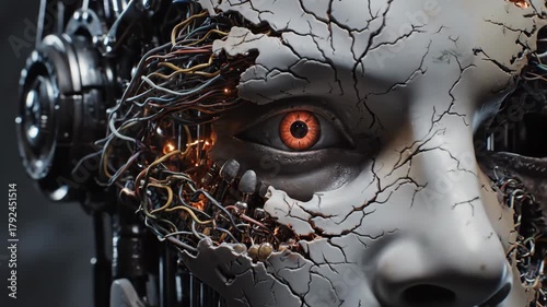 Humanoid robot face with cracked synthetic skin exposing mechanical inner workings, sparking wires and circuits, evoking ai consciousness, malfunction and technological decay