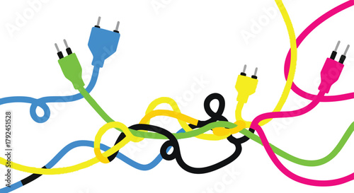 Colorful Electrical Plugs and Tangled Cords Against a White Background
