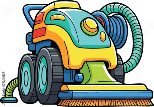 Cartoon Style Robotic Pool Cleaner with Blue Yellow and Teal Colors and Green Accent