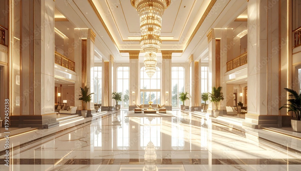A luxurious grand interior of a modern palace with high ceilings, marble floors, golden accents, elegant chandeliers, and large glass windows allowing natural light to flood the space.