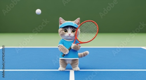 Adorable cat playing tennis on a vibrant blue court ready for a competitive match