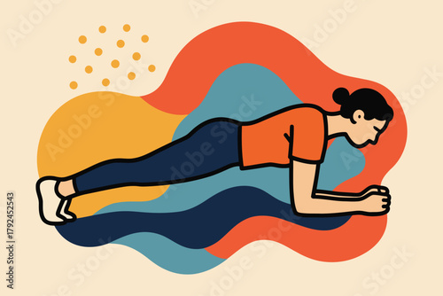 Woman performing a plank exercise with colorful abstract background