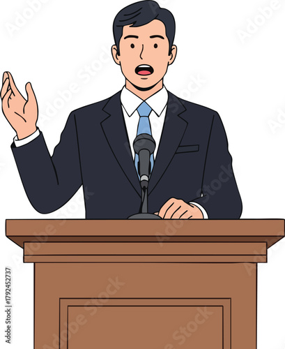 A cartoon businessman in a suit gestures while speaking at a podium with a microphone in a formal setting.