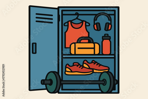 Open gym locker filled with workout gear and athletic equipment