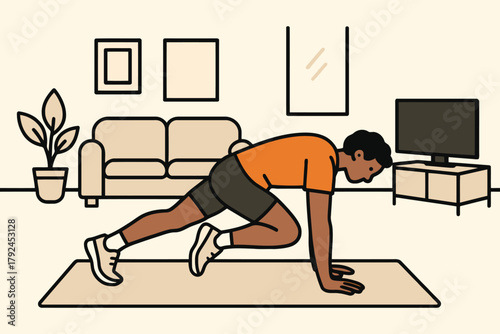Man doing mountain climber exercise on yoga mat in living room