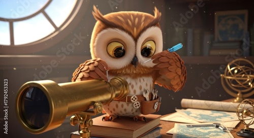 Animated wise owl character repairing a telescope in a cozy astronomer's study